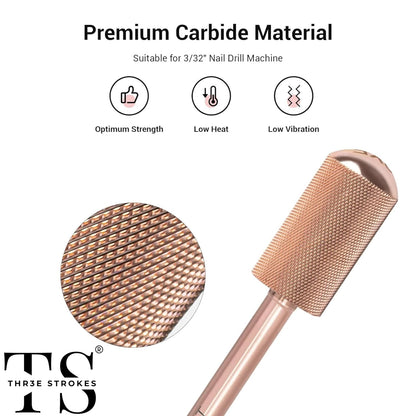 GV73 THR3E STROKES Nail Drill Bits, 3/32'' Smooth Round Top Large Barrel Carbide Bits, Suitable for Manicure Pedicure Cuticle Gel Polishing, Beginners Bits, Rose Gold, Series Bit (Double Fine-2XF, ROSE GOLD)