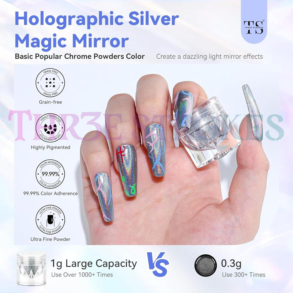 GV50 THR3E STROKES Holographic Chrome Nail Powder - 1g Mirror Laser Effect Holographic Chrome Powder for Gel Nails, Rainbow Holo Nail Glitter Dust Holographic Pigment Powder for Manicure Nail Art Decorations (Holographic Silver)
