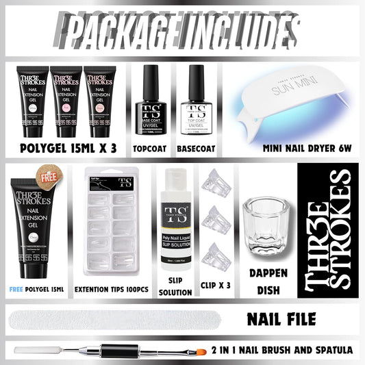 NP61 THR3E STROKES Poly Nail Gel Extension Kit for Builder Gel UV Nail Art Kit Nail Extension Set 15 ML EACH (Pink, Clear, White, Nude ) (GEMZ KIT)