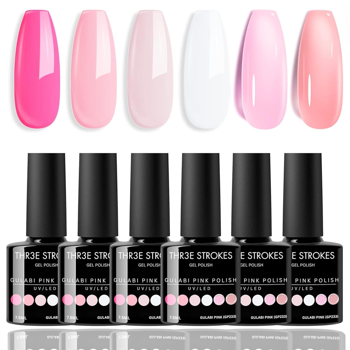 GV9 THR3E STROKES Gel Nail Polish Set- 6 Colors Nude Gel Polish All Seasons Skin Tones Pink Neutral Brown Gel Polish Kit (Uv/Led Lamp Required) Shades Need At Least 3 Layers, Shine Finish, 7.5 Milliliters (GULABI PINK GP233, 15ml)