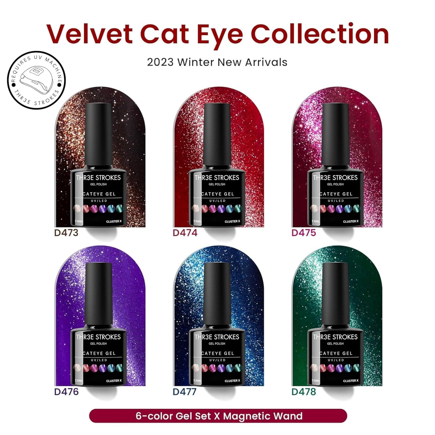 NP20 THR3E STROKES Cat Eye Gel Nail Polish Set, 6 Colors, Magnetic Effect, Glitter Red, Shiny Brown, Burgundy, Purple, Blue, Green, 7.5ML (Cluster X)
