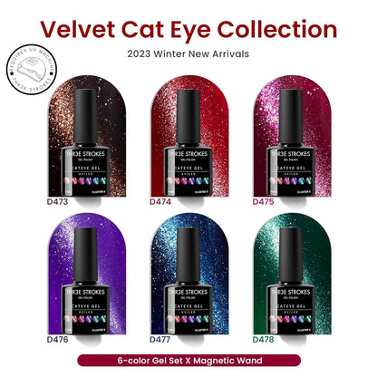 NP20 THR3E STROKES Cat Eye Gel Nail Polish Set, 6 Colors, Magnetic Effect, Glitter Red, Shiny Brown, Burgundy, Purple, Blue, Green, 7.5ML (Cluster X)
