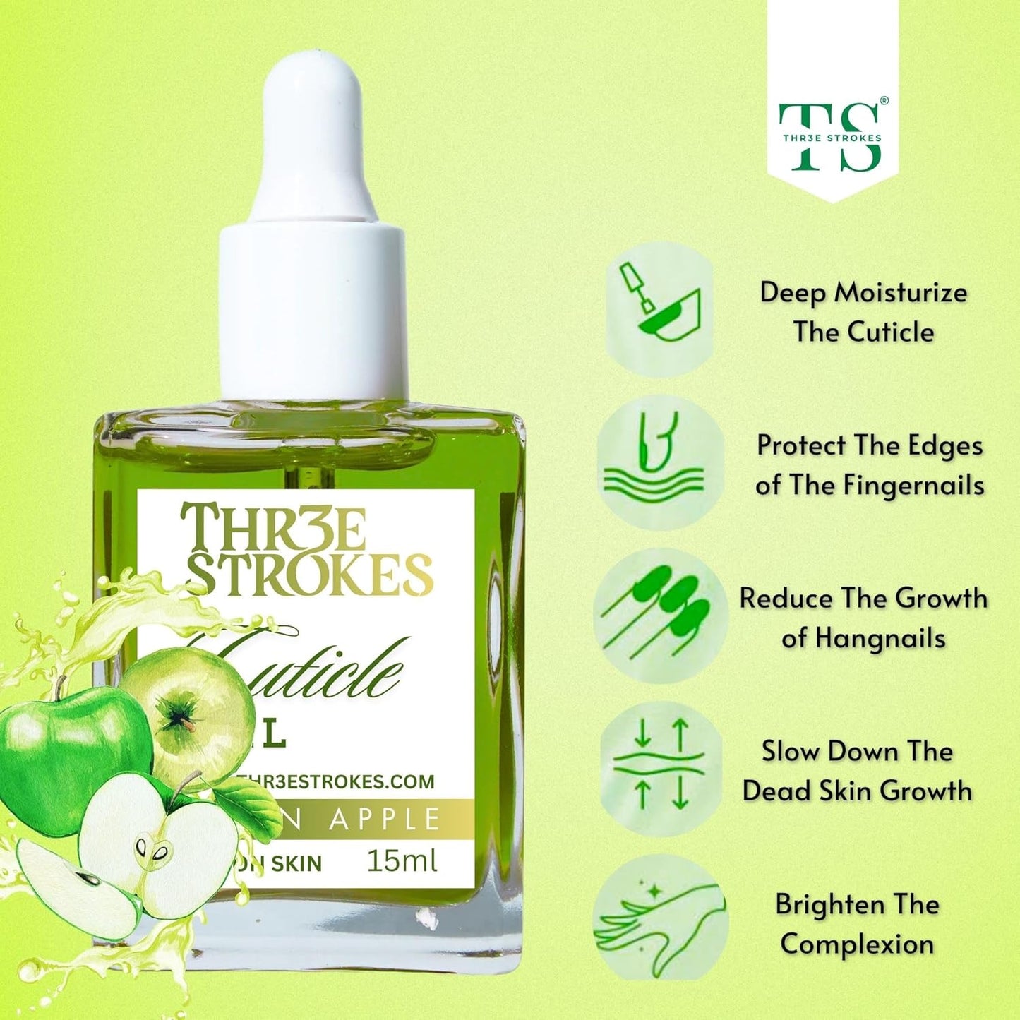 GV82 THR3E STROKES Naturale Revitalizing Cuticle Oil - Hydrating Oil For Repaired Cuticles Overnight - Remedy For Damaged Skin And Thin Nails - Paraben/Cruelty-Free Formula 15ML (GREEN APPLE)