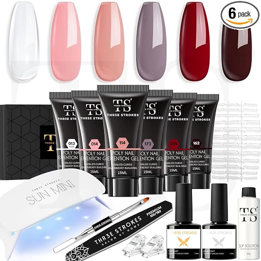 GV1202 Poly Gel Nail Kit 6 Colors with 6W Nail Lamp Extension Gel Kit Nude Clear Pink Black Glitter Complete Starter Tools for Beginner Thickening Solutions DIY at Home for Women(MINIMUM 180S TO DRY)(BEGGINERS KIT) (6)