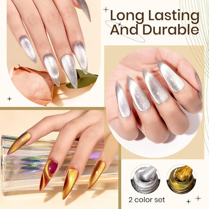 NP43 THR3E STROKES Silver and Gold Smoothie Cat Magnetic Gel Polish - 9D Cateye With Magnet Stick for Salon Manicure and Nail Art DIY at Home - 30 ML