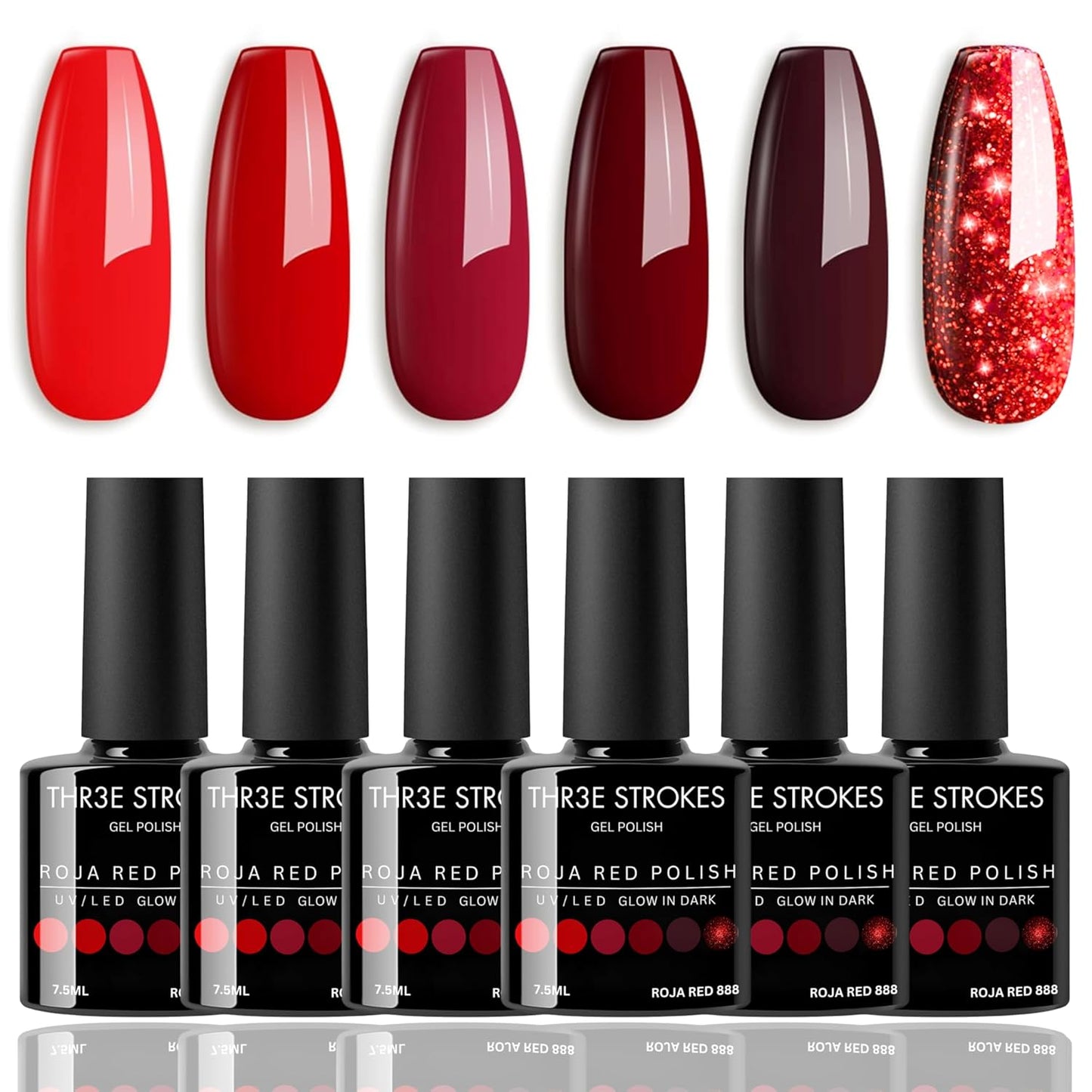 GV12 THR3E STROKES Gel Nail Polish Set- 6 Colors Nude Gel Polish All Seasons Skin Tones Pink Neutral Brown Gel Polish Kit (Uv/Led Lamp Required) Shades Need At Least 3 Layers, Shine Finish, 7.5 Milliliters (ROJA RED 888, 15ml)