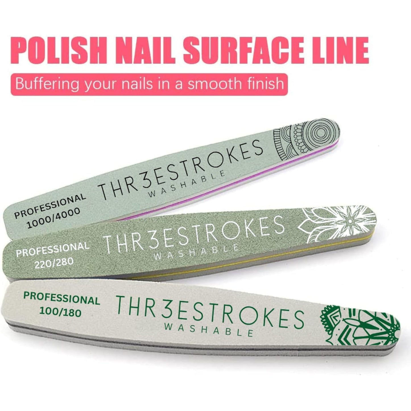 GV534 THR3E STROKES 6 pcs Nail Files Set for Manicure, Nail Buffer Files Block Coarse Washable Nail Polisher Double Sided Nail Shaper Emery Boards for Acrylic & Natural Nails 100/150/180/220/240/280/1000/4000 Grid