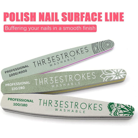 GV534 THR3E STROKES 6 pcs Nail Files Set for Manicure, Nail Buffer Files Block Coarse Washable Nail Polisher Double Sided Nail Shaper Emery Boards for Acrylic & Natural Nails 100/150/180/220/240/280/1000/4000 Grid