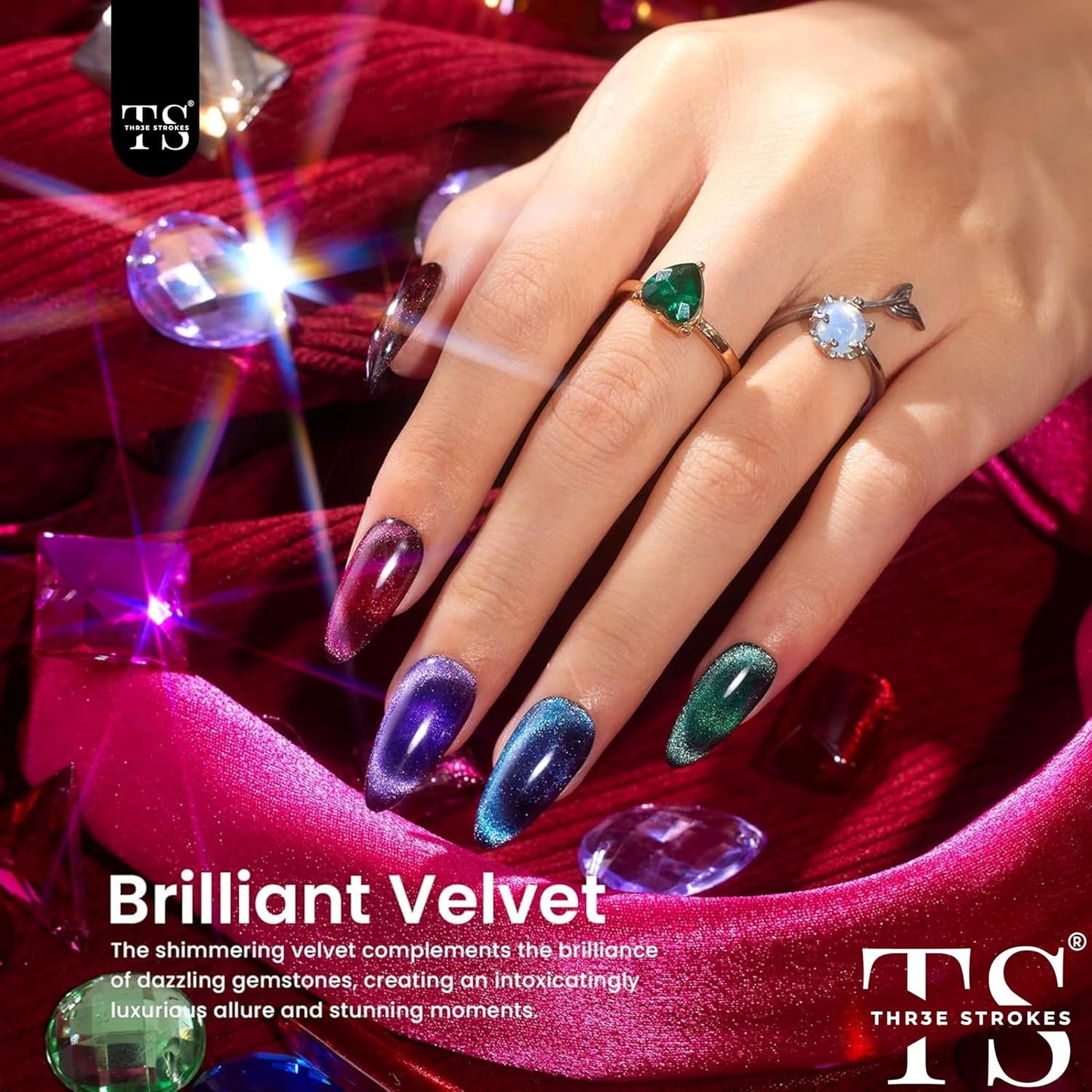 NP20 THR3E STROKES Cat Eye Gel Nail Polish Set, 6 Colors, Magnetic Effect, Glitter Red, Shiny Brown, Burgundy, Purple, Blue, Green, 7.5ML (Cluster X)