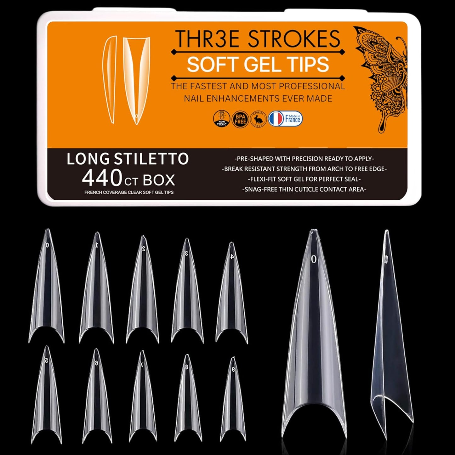 GV30 THR3E STROKES Soft Gel Nail Tips, Full Cover Clear Soft Nail Tips for Artificial False Nails Extension Nail Salons DIY Nail Art with Box, 440PCS (LONG STILETTO N2)