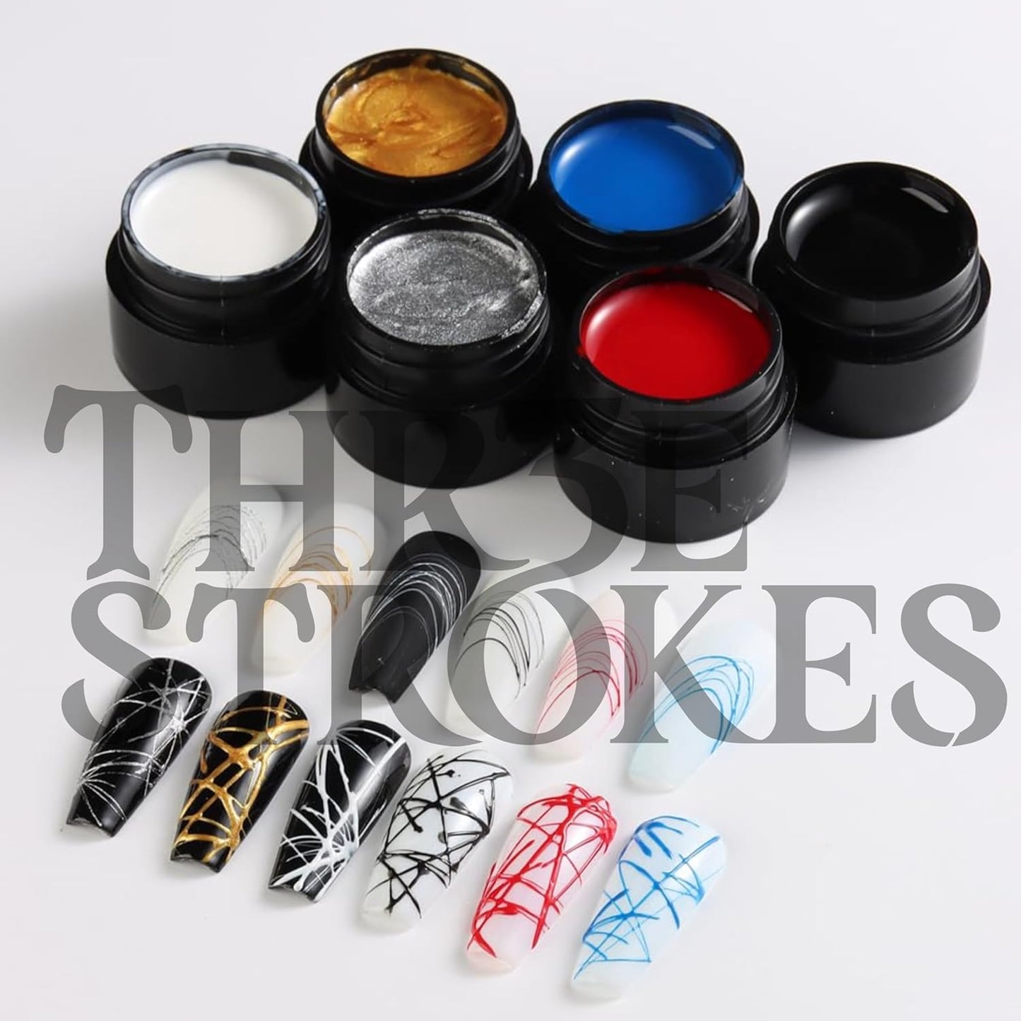 NP54 THR3E STROKES Spider Gel Set, Elastic Drawing Spider Gel with Nail Art Brush, 6 Classic Colors (Black, White, Gold, Silver, Red, Blue), DIY Nail Art, Long Lasting, UV/LED Cured