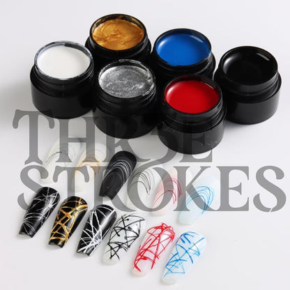 NP54 THR3E STROKES Spider Gel Set, Elastic Drawing Spider Gel with Nail Art Brush, 6 Classic Colors (Black, White, Gold, Silver, Red, Blue), DIY Nail Art, Long Lasting, UV/LED Cured