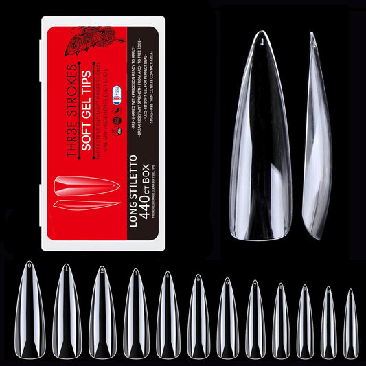 GV27 THR3E STROKES Soft Gel Nail Tips, Full Cover Clear Soft Nail Tips for Artificial False Nails Extension Nail Salons DIY Nail Art with Box, 440PCS (LONG STILETTO N11)