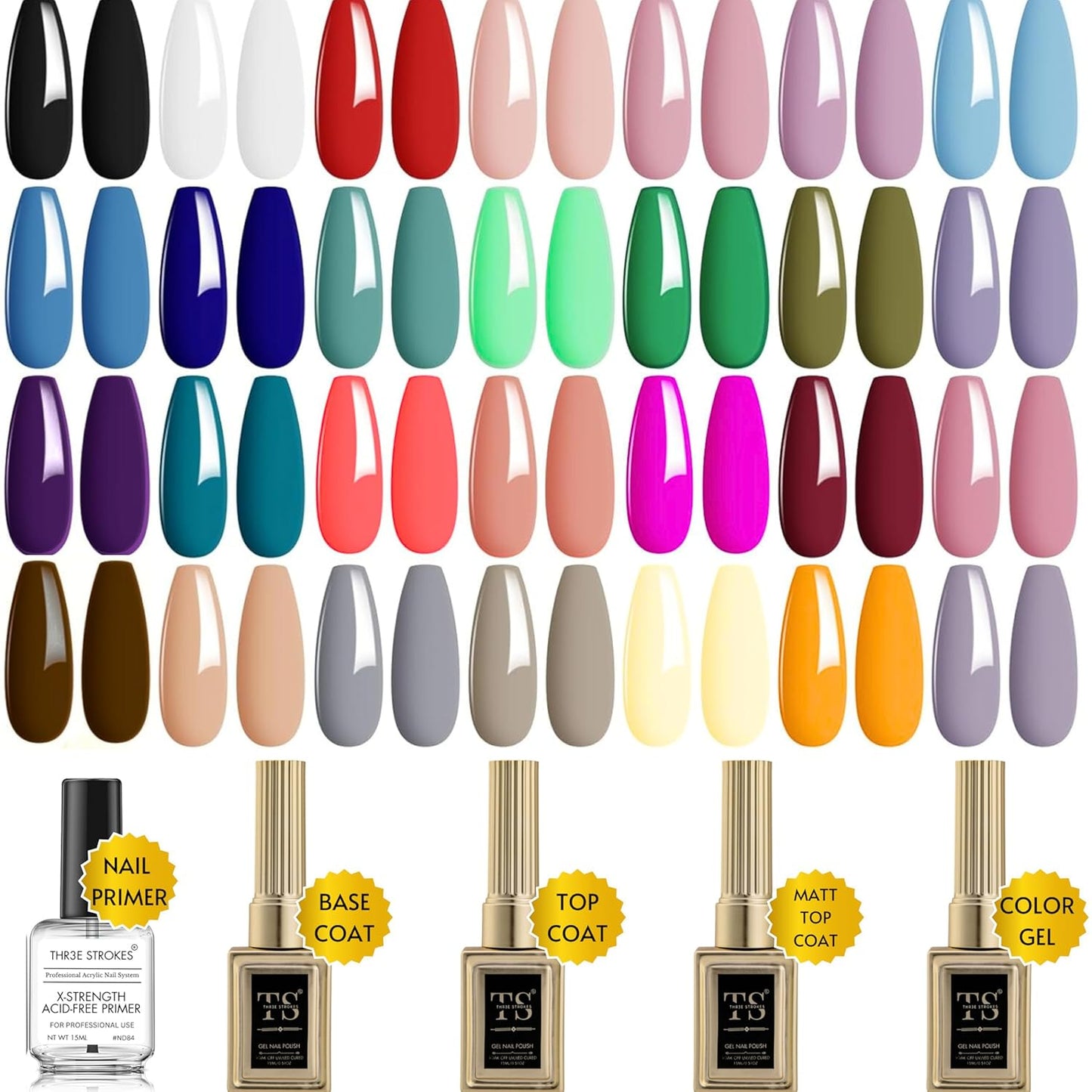 NP57 THR3E STROKES 32 PCS Gel Nail Polish Set, 28 Colors All Seasons Gel Polish with No Wipe Base, Glossy & Matte Top Coat and Nail Primer Black Brown Red Purple Gifts for Women DIY Salon Home 15ML (A0-Classic Seasons Colors)