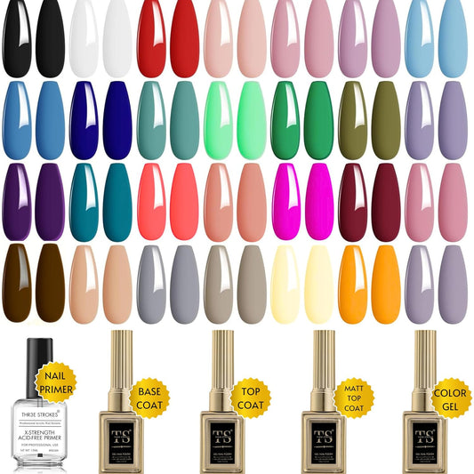 NP57 THR3E STROKES 32 PCS Gel Nail Polish Set, 28 Colors All Seasons Gel Polish with No Wipe Base, Glossy & Matte Top Coat and Nail Primer Black Brown Red Purple Gifts for Women DIY Salon Home 15ML (A0-Classic Seasons Colors)