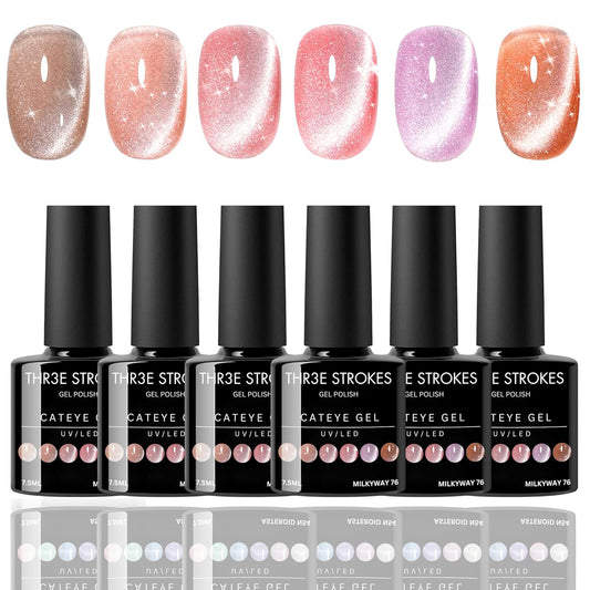 NP38 THR3E STROKES Gel Nail Polish Pink Ocean Cat Eye Gel Nail Polish Set with Magnet for Holographic Cat Eye, Salon Gel Manicure and Nail Art DIY at Home (UV/LED LIGHT REQUIRED) (MILKYWAY 76, 15ML)