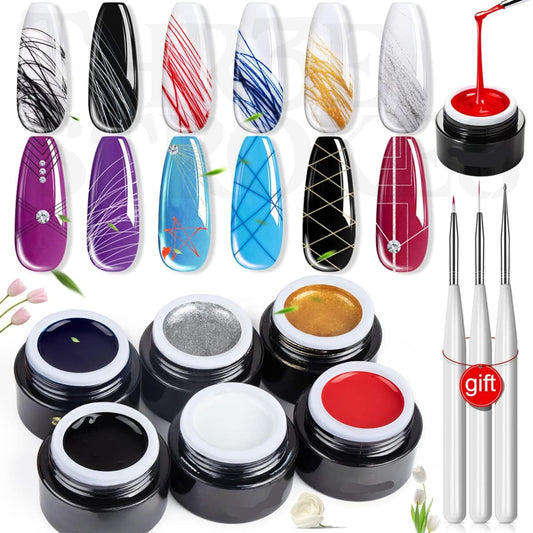 NP71 THR3E STROKES 6 Colors Spider Gel, New Upgraded Matrices Spider Gel with Nail Art Brushes, Nail Designs Gel Paint Wire Drawing Gel Polish for Line (White Black Red Blue Gold Silver)