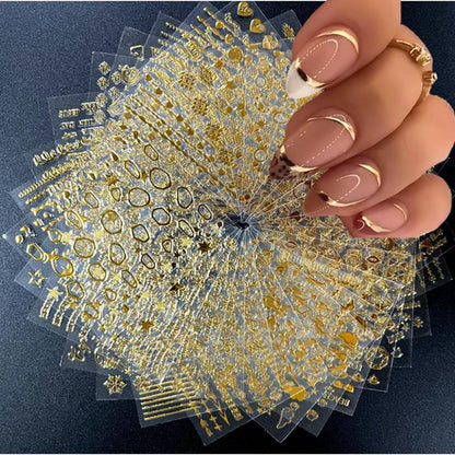 Gold Nail Art Stickers 30 Sheets | 3D Self-Adhesive Decals
