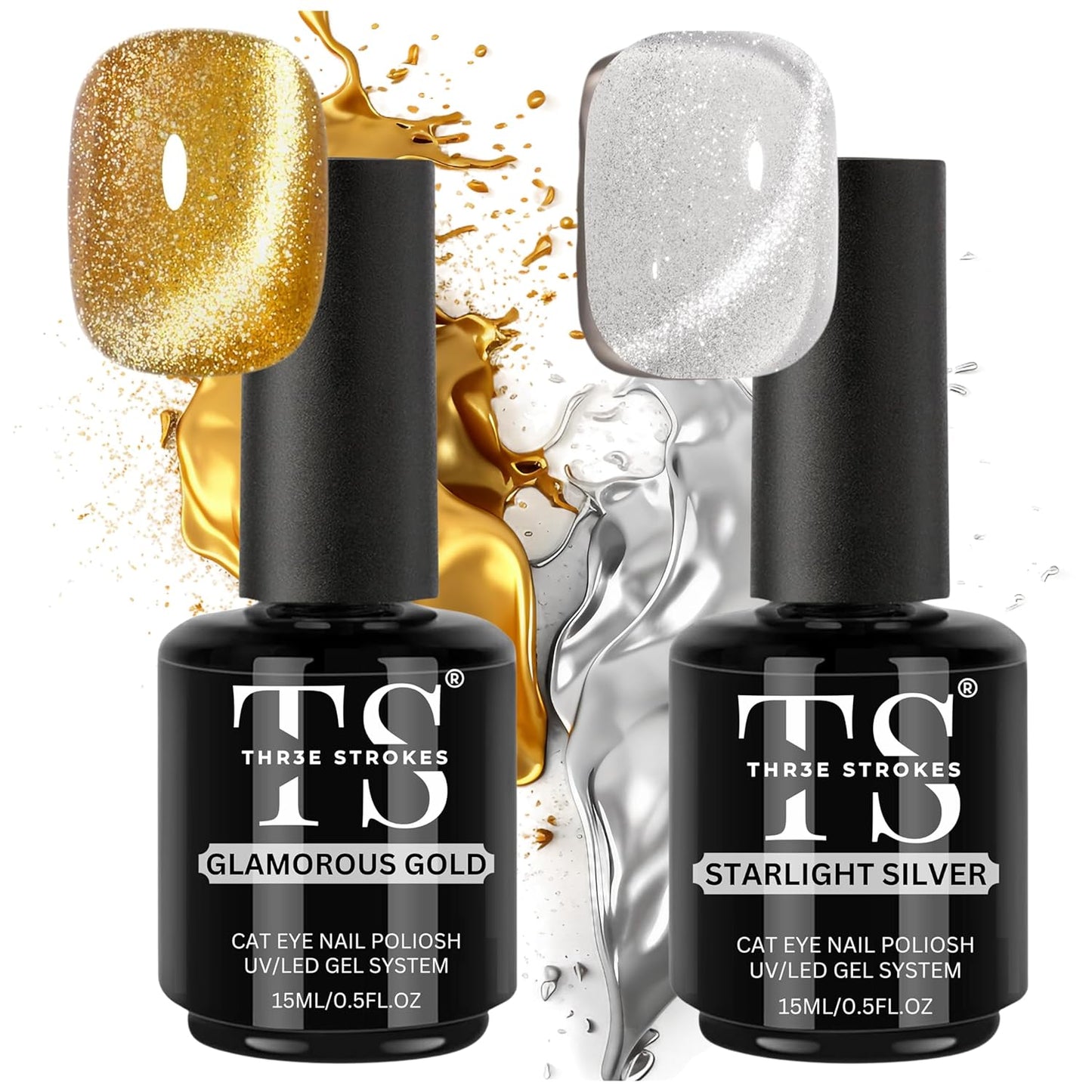 NP43 THR3E STROKES Silver and Gold Smoothie Cat Magnetic Gel Polish - 9D Cateye With Magnet Stick for Salon Manicure and Nail Art DIY at Home - 30 ML
