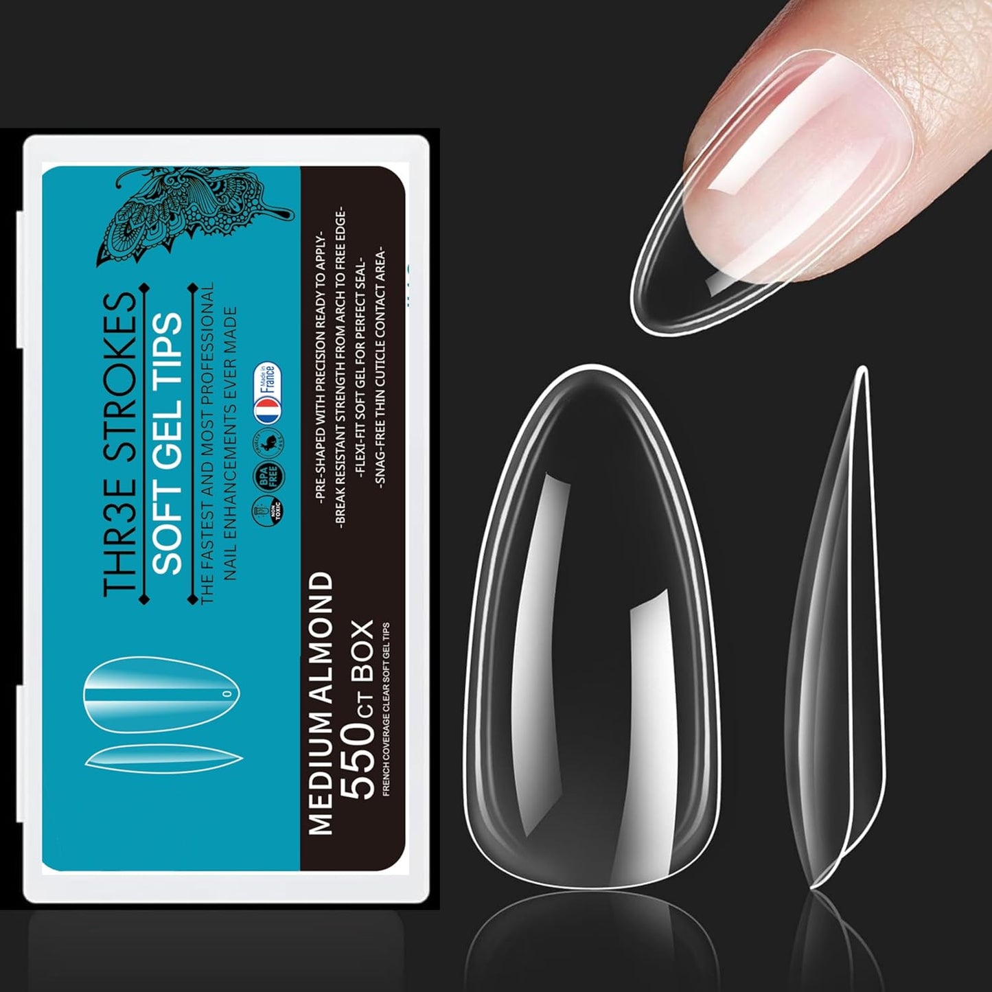 GV36 THR3E STROKES Soft Gel Nail Tips, Full Cover Clear Soft Nail Tips for Artificial False Nails Extension Nail Salons DIY Nail Art with Box, 550PCS (MEDIUM ALMOND N16)