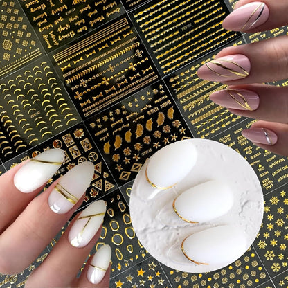 GV102 THR3E STROKES 30 Sheets Gold Nail Art Stickers 3D Self-Adhesive Nail Decals Gold Line Star Nail Stickers for Acrylic Nails Gold Leaf Diamond Nail Supplies for Women