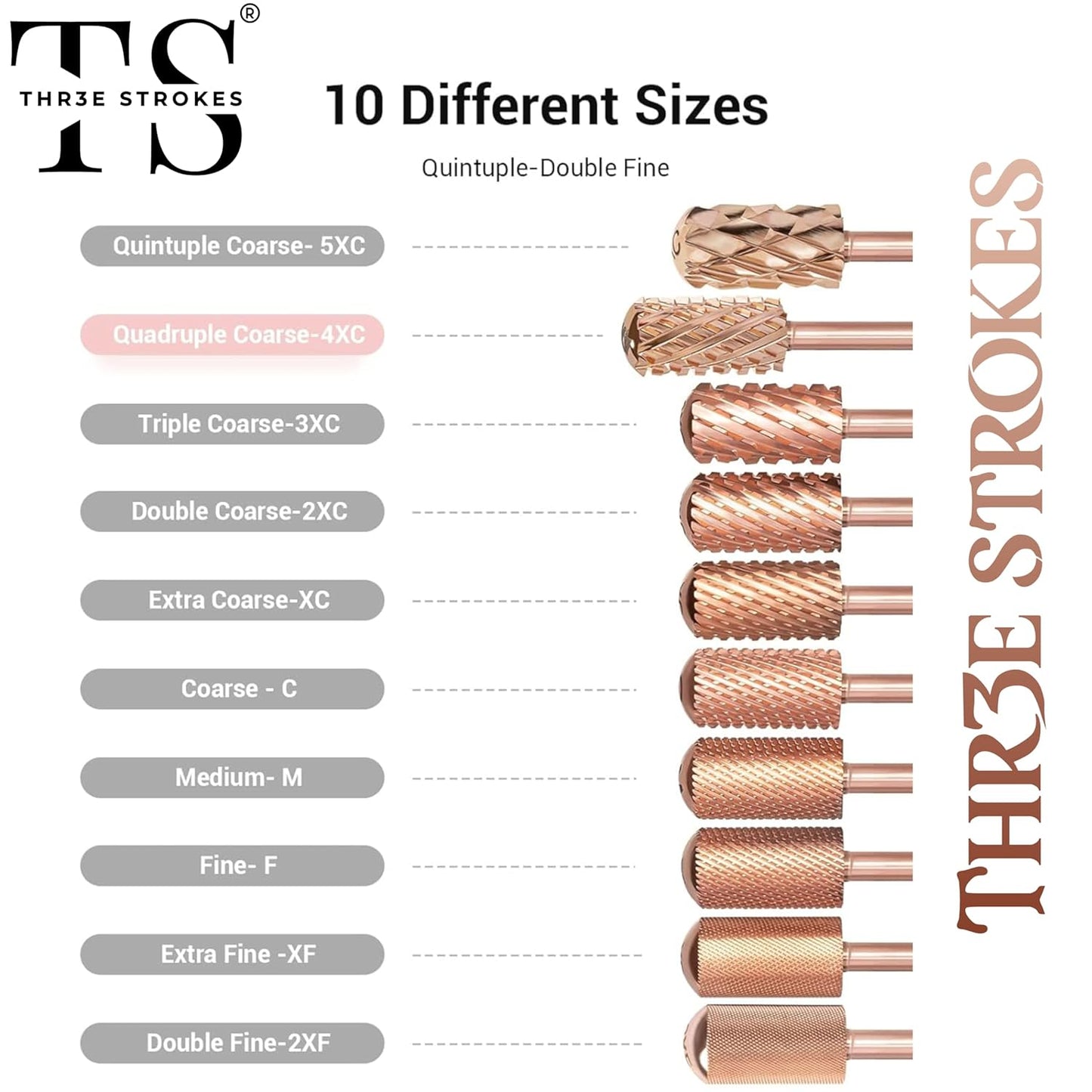 GV71 THR3E STROKES Nail Drill Bits, 3/32'' Smooth Round Top Large Barrel Carbide Bits, Suitable for Manicure Pedicure Cuticle Gel Polishing, Beginners Bits, Rose Gold, Series Bit (Quadruple Coarse-4XC, ROSE GOLD)