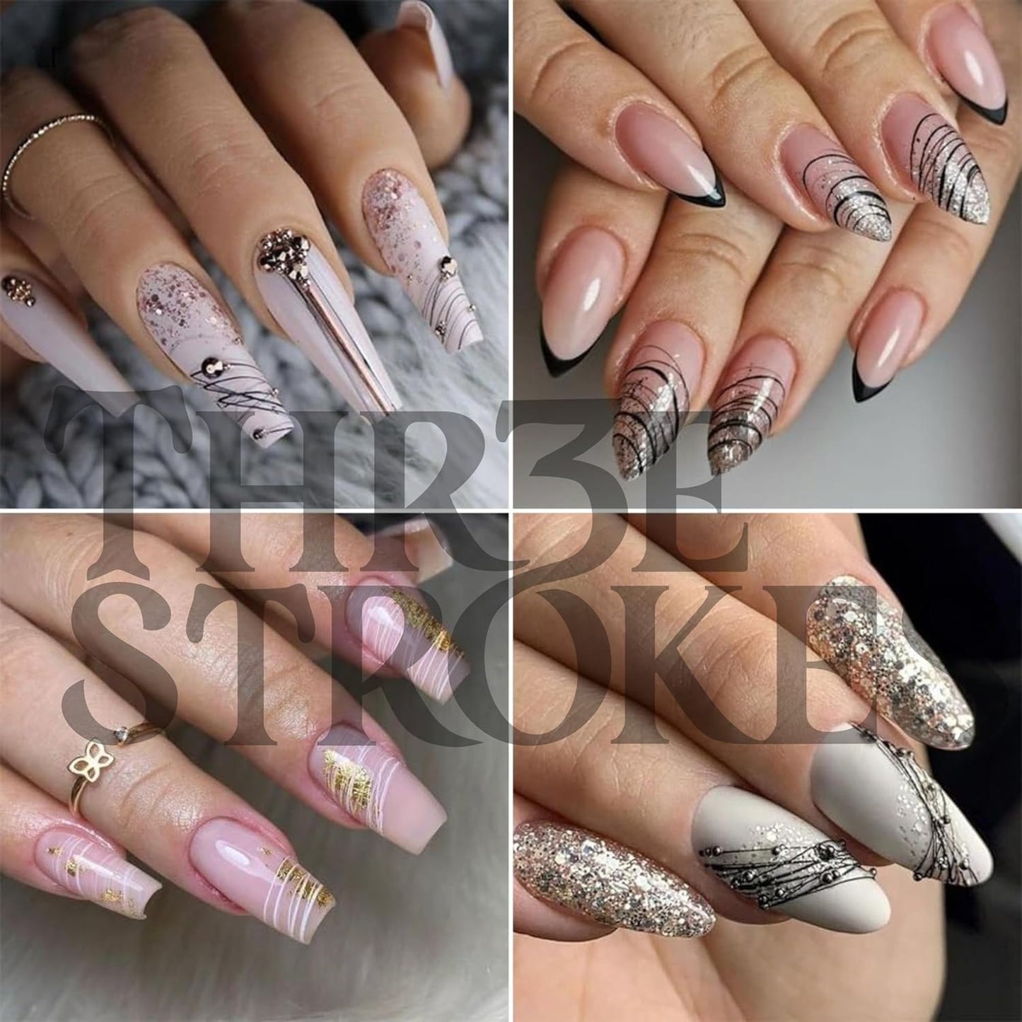 NP54 THR3E STROKES Spider Gel Set, Elastic Drawing Spider Gel with Nail Art Brush, 6 Classic Colors (Black, White, Gold, Silver, Red, Blue), DIY Nail Art, Long Lasting, UV/LED Cured