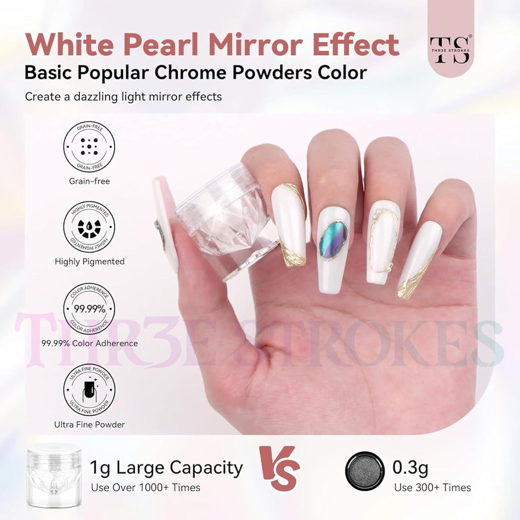 GV51 THR3E STROKES White Pearl Chrome Nail Powder - 1g Mirror Effect Chrome Powder for Gel Nails, Metallic Mermaid Chrome Nail Powder for Gel Polish, Pearl Nail Powder Glitter Dust Kit for Nail Art Decorations (WHITE PEARL)