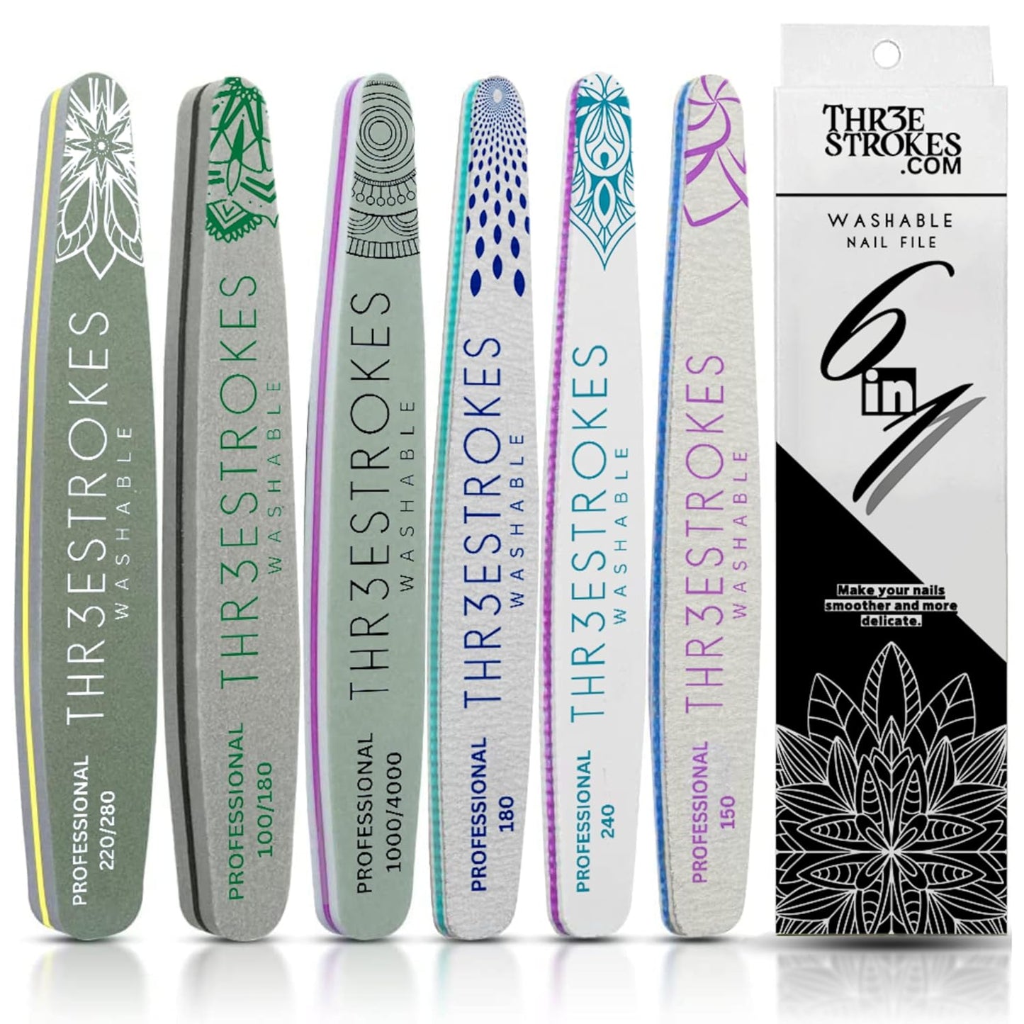 GV534 THR3E STROKES 6 pcs Nail Files Set for Manicure, Nail Buffer Files Block Coarse Washable Nail Polisher Double Sided Nail Shaper Emery Boards for Acrylic & Natural Nails 100/150/180/220/240/280/1000/4000 Grid