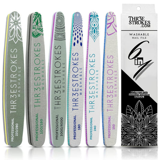 GV534 THR3E STROKES 6 pcs Nail Files Set for Manicure, Nail Buffer Files Block Coarse Washable Nail Polisher Double Sided Nail Shaper Emery Boards for Acrylic & Natural Nails 100/150/180/220/240/280/1000/4000 Grid