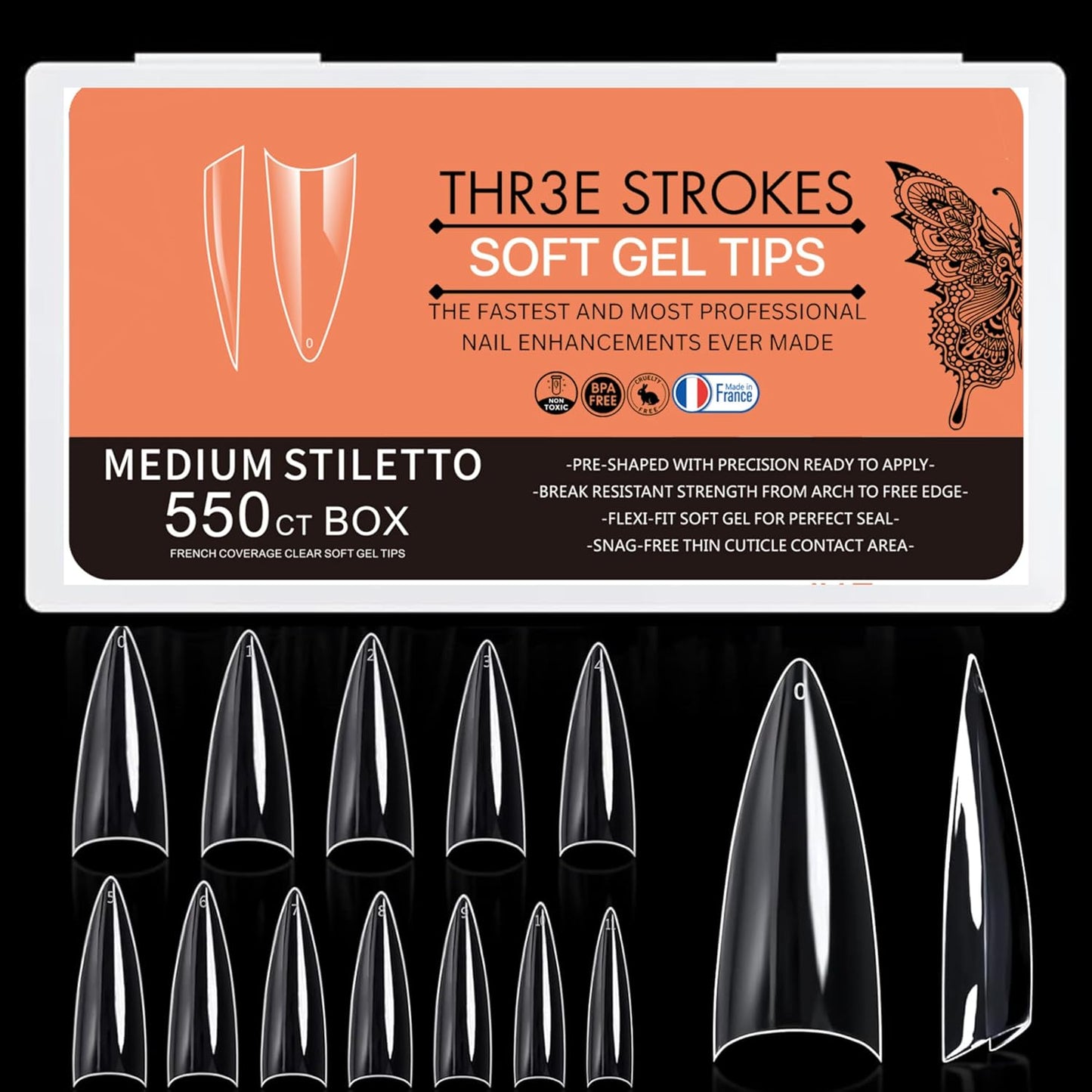 GV33 THR3E STROKES Soft Gel Nail Tips, Full Cover Clear Soft Nail Tips for Artificial False Nails Extension Nail Salons DIY Nail Art with Box, 550PCS (MEDIUM STILETTO N17)