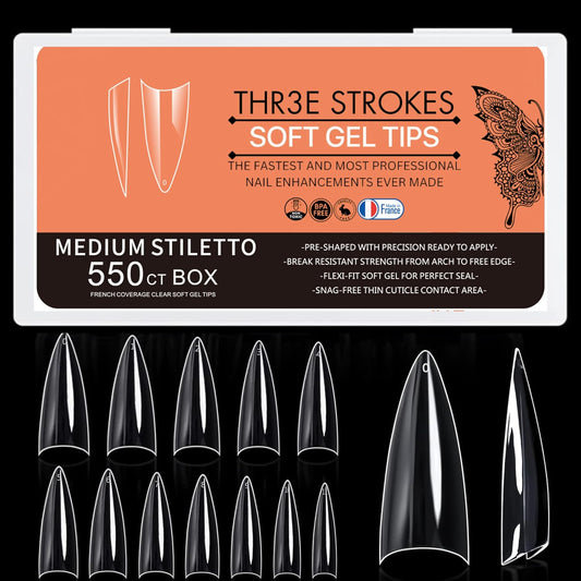 GV33 THR3E STROKES Soft Gel Nail Tips, Full Cover Clear Soft Nail Tips for Artificial False Nails Extension Nail Salons DIY Nail Art with Box, 550PCS (MEDIUM STILETTO N17)
