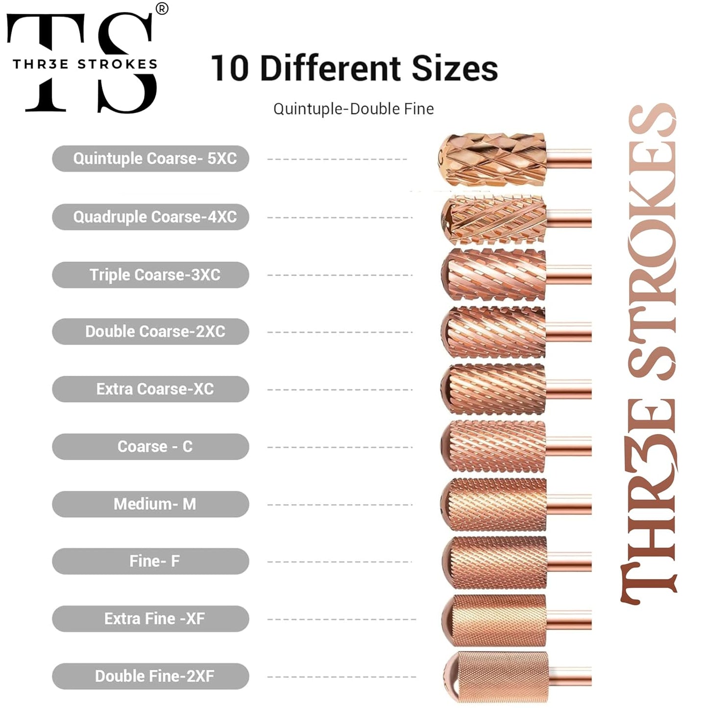 GV69 THR3E STROKES Nail Drill Bits, 3/32'' Smooth Round Top Large Barrel Carbide Bits, Suitable for Manicure Pedicure Cuticle Gel Polishing, Beginners Bits, Rose Gold, Series Bit (Coarse-C, ROSE GOLD)