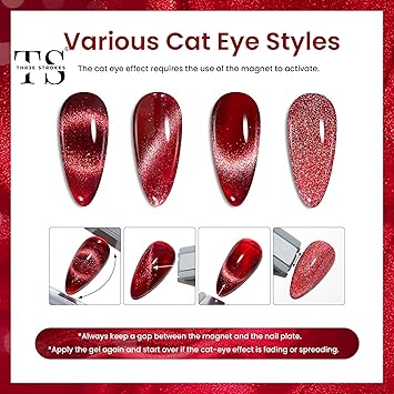 NP20 THR3E STROKES Cat Eye Gel Nail Polish Set, 6 Colors, Magnetic Effect, Glitter Red, Shiny Brown, Burgundy, Purple, Blue, Green, 7.5ML (Cluster X)