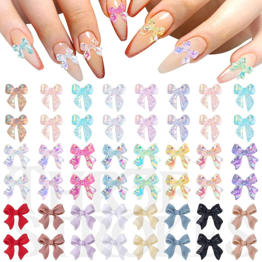GV152 THR3E STROKES 90 Pcs Silver Bow Nail Charm 3D Alloy Glitter Bows for Nails Long Ribbon Bowknots Cute Halloween Christmas Beach Wedding Prom Engagement Nail Art Decoration for Women Girls Bride (D58)