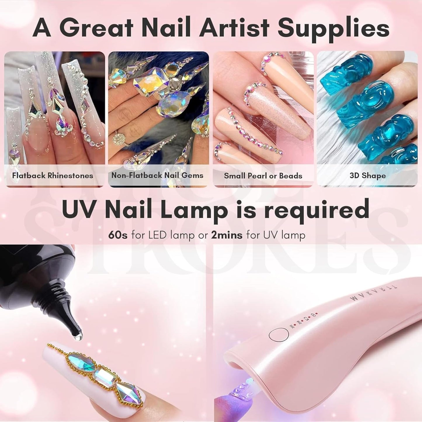GV43 THR3E STROKES Nail Rhinestone Glue for Nails, Super Strong Gel Nail Glue for Nail Charm 3D Nails Bling Gel for Decoration Gem Nail Art Jewel Diamonds 15ML Cured Need Beauty Gift (UV REQUIRED)