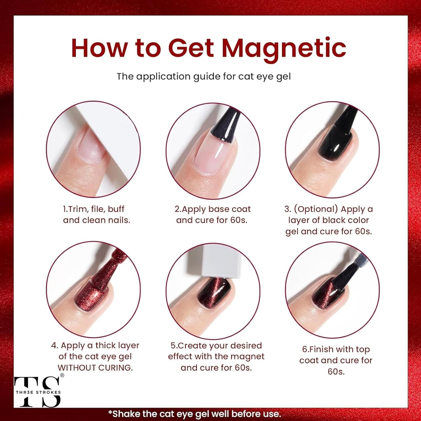 NP20 THR3E STROKES Cat Eye Gel Nail Polish Set, 6 Colors, Magnetic Effect, Glitter Red, Shiny Brown, Burgundy, Purple, Blue, Green, 7.5ML (Cluster X)