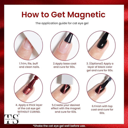 NP20 THR3E STROKES Cat Eye Gel Nail Polish Set, 6 Colors, Magnetic Effect, Glitter Red, Shiny Brown, Burgundy, Purple, Blue, Green, 7.5ML (Cluster X)