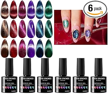 NP20 THR3E STROKES Cat Eye Gel Nail Polish Set, 6 Colors, Magnetic Effect, Glitter Red, Shiny Brown, Burgundy, Purple, Blue, Green, 7.5ML (Cluster X)