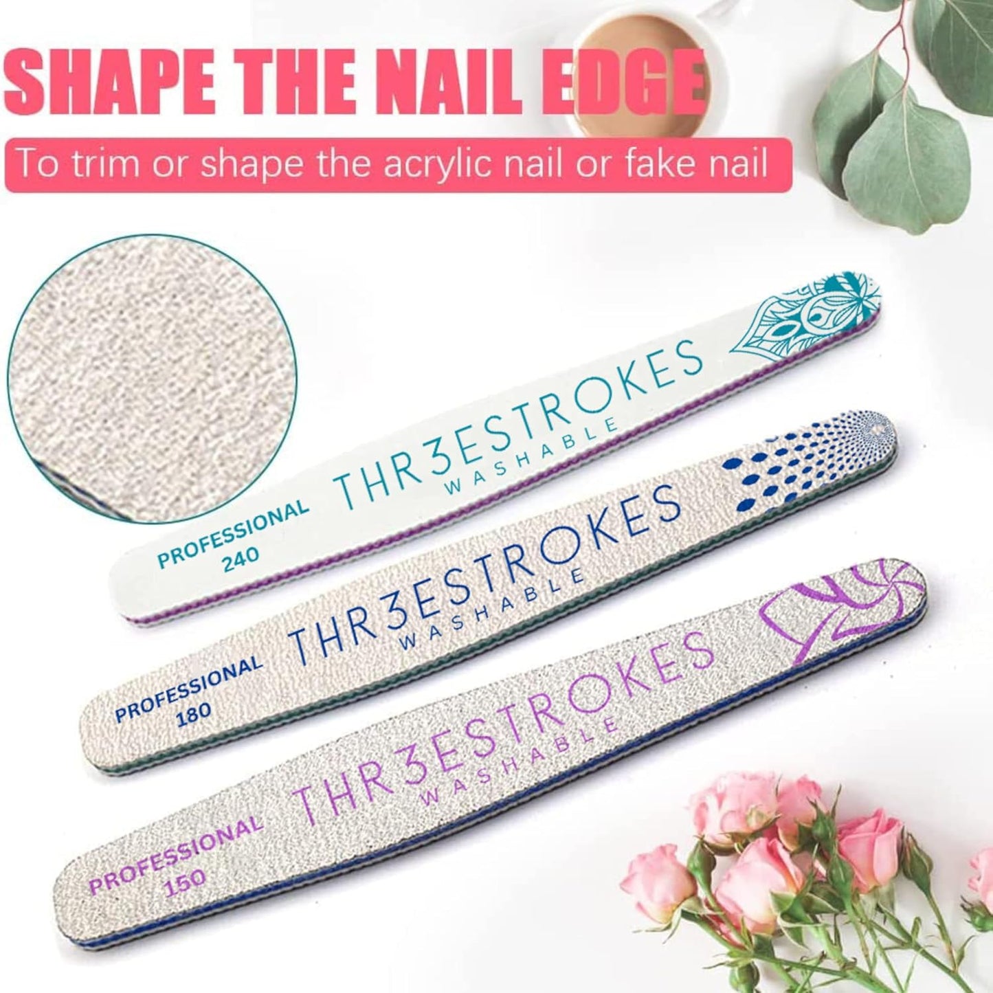 GV534 THR3E STROKES 6 pcs Nail Files Set for Manicure, Nail Buffer Files Block Coarse Washable Nail Polisher Double Sided Nail Shaper Emery Boards for Acrylic & Natural Nails 100/150/180/220/240/280/1000/4000 Grid