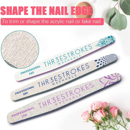 GV534 THR3E STROKES 6 pcs Nail Files Set for Manicure, Nail Buffer Files Block Coarse Washable Nail Polisher Double Sided Nail Shaper Emery Boards for Acrylic & Natural Nails 100/150/180/220/240/280/1000/4000 Grid