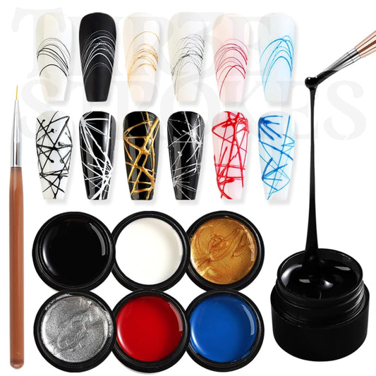 NP54 THR3E STROKES Spider Gel Set, Elastic Drawing Spider Gel with Nail Art Brush, 6 Classic Colors (Black, White, Gold, Silver, Red, Blue), DIY Nail Art, Long Lasting, UV/LED Cured