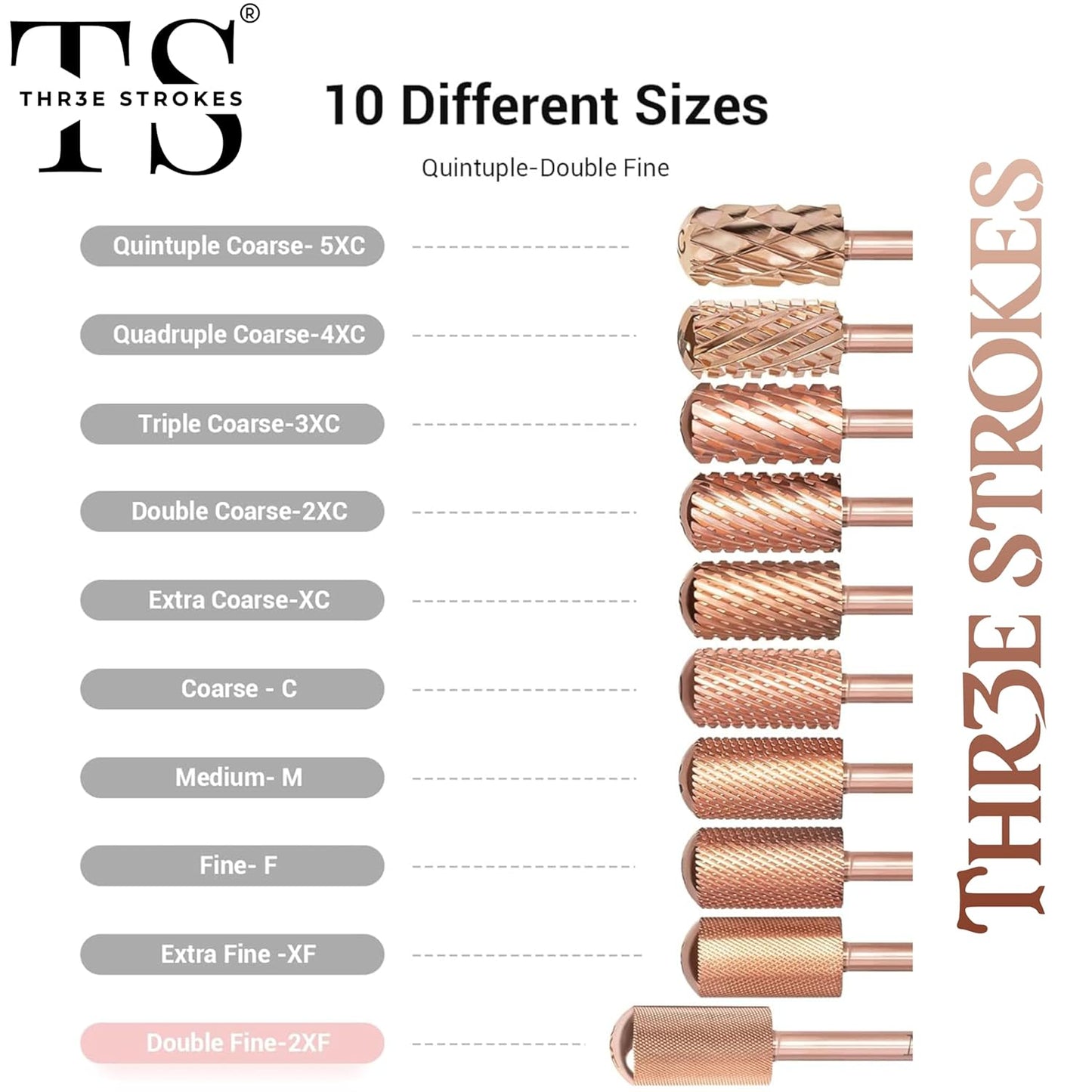 GV73 THR3E STROKES Nail Drill Bits, 3/32'' Smooth Round Top Large Barrel Carbide Bits, Suitable for Manicure Pedicure Cuticle Gel Polishing, Beginners Bits, Rose Gold, Series Bit (Double Fine-2XF, ROSE GOLD)