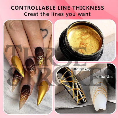 NP54 THR3E STROKES Spider Gel Set, Elastic Drawing Spider Gel with Nail Art Brush, 6 Classic Colors (Black, White, Gold, Silver, Red, Blue), DIY Nail Art, Long Lasting, UV/LED Cured