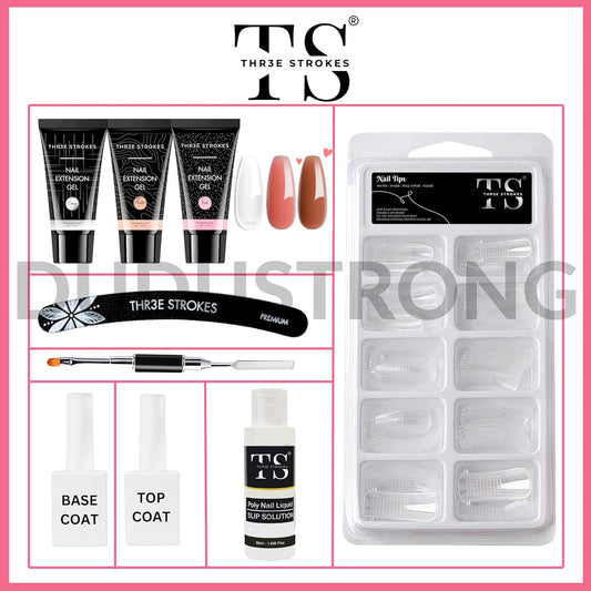 NP65 THR3E STROKES Poly Gel Extension Kit - Enhancement Builder, Neutral Gel Art Design, All-in-One French Kit for Easy DIY at Home - Valentine Gifts for Beginners (HRT584)