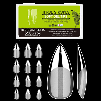 GV31 THR3E STROKES Soft Gel Nail Tips, Full Cover Clear Soft Nail Tips for Artificial False Nails Extension Nail Salons DIY Nail Art with Box, 550PCS (MEDIUM STILLETO N20)