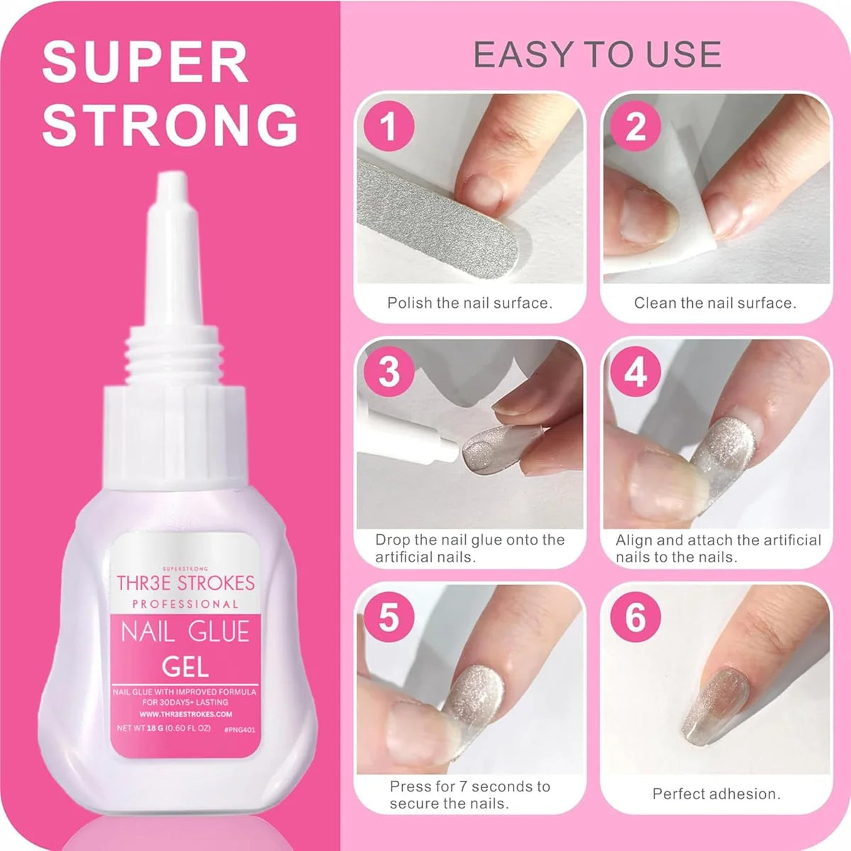 GV1206 THR3E STROKES Professional Superstrong Nail Glue Gel (18g / 0.6 fl. oz.) - Long-Lasting Adhesive for Press-On Nails, False Tips & 3D Rhinestones - No UV Lamp Needed