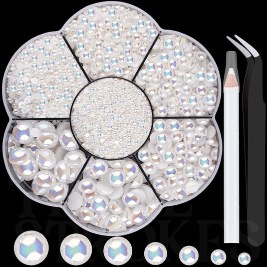 GV155 THR3E STROKES 5600 Pcs Nail Art Flat Back Half Round Pearl Kits 1, 1 Box of Flat-Back White AB Pearl with Tweezer and Picker Pencil for Home DIY Nails Body Face Craft and Salon Use (2-10mm) (D56)