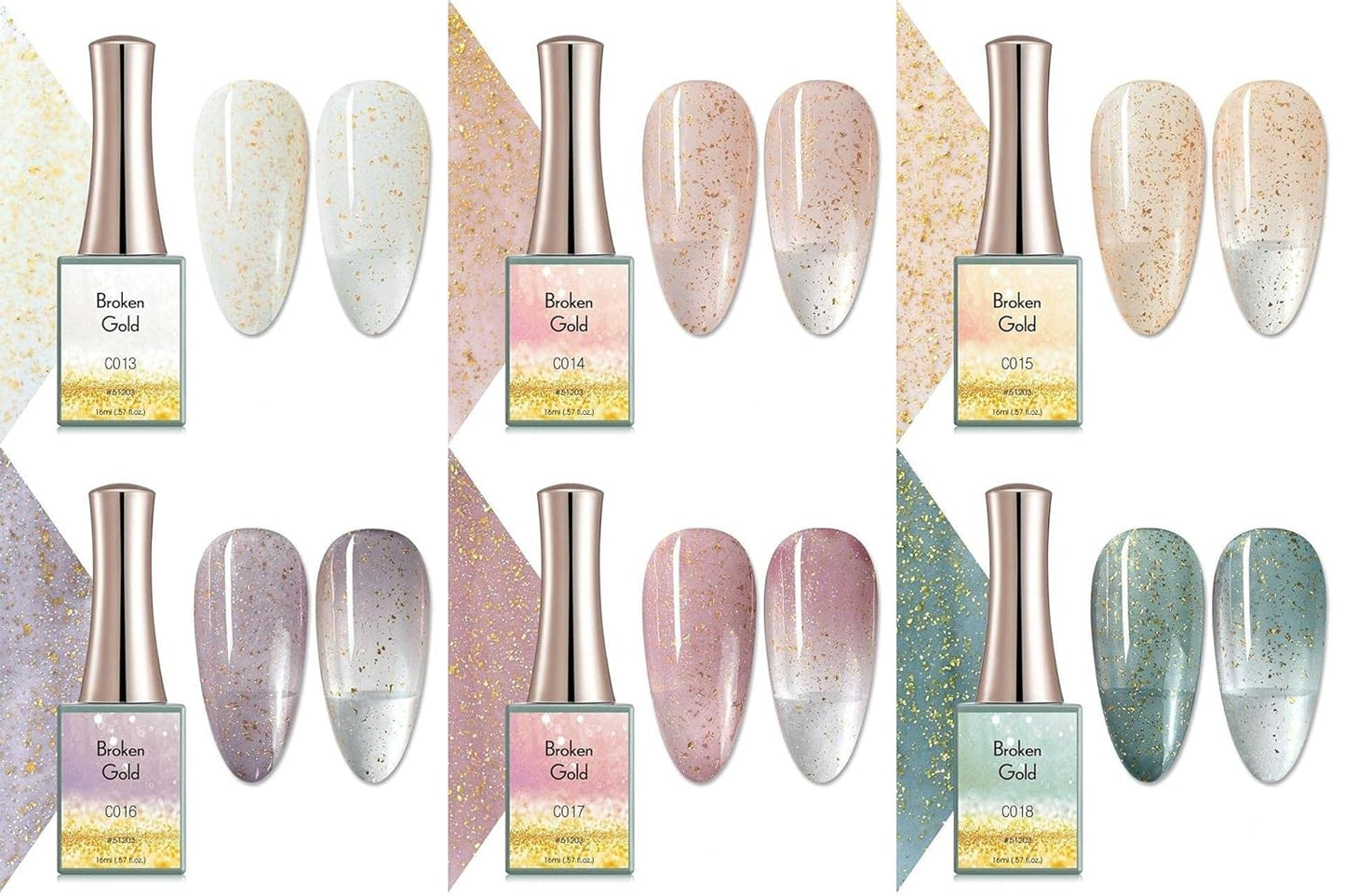 NP68 THR3E STROKES SET OF 6. CANNI 16ml Broken Gold Series Nail Gel Polish: C013-C018