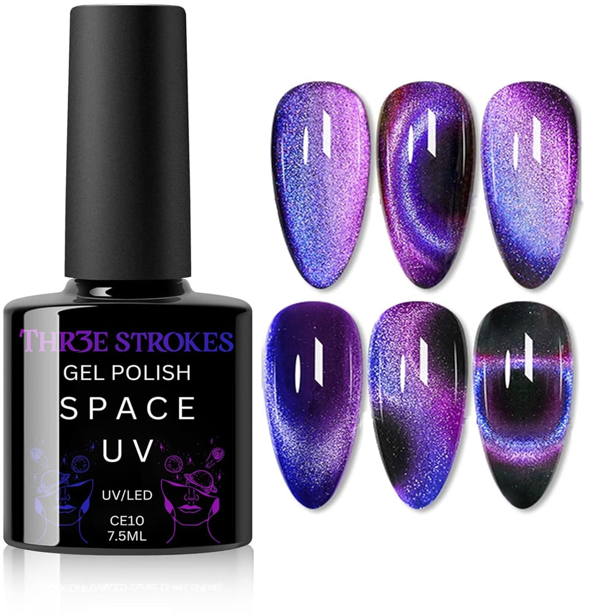 GV144 THR3E STROKES 9D Glitter Cat Eye Gel Magnetic Nail Polish Gel Art Manicure DIY at Home Soak Off UV Gel 7.5ML (CE10, 7.5ML)